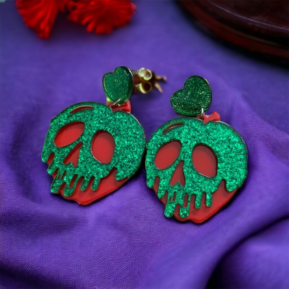 Cute Glitter Snow White Poison Apple Acrylic Earrings Dangle Skull Quirky Fun